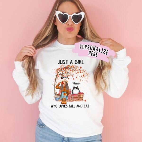 Personalized Girl Loves Cat Fall Season Premium Sweatshirt, Cat Mom Gift, Gift For Cat Lovers