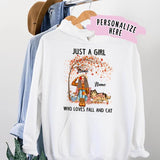 Personalized Girl Who Loves Fall And Cat Hoodie, Gift For Cat Lovers