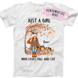 Personalized Girl Who Loves Fall And Cat Premium Shirt, Gift For Cat Lovers