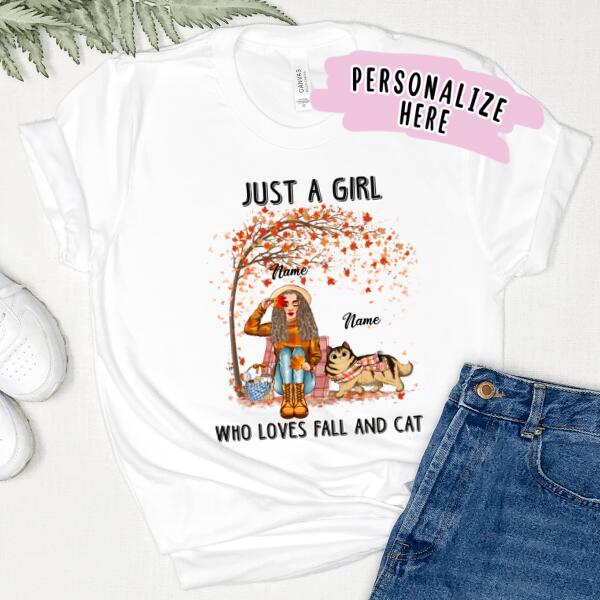 Personalized Girl Who Loves Fall And Cat Premium Shirt, Gift For Cat Lovers