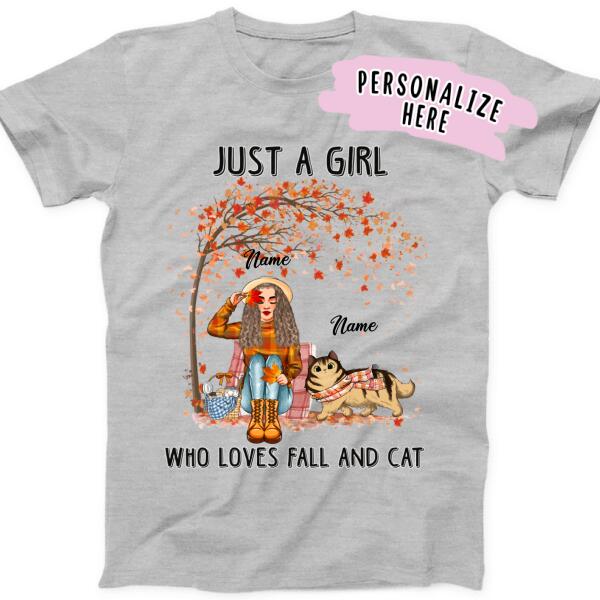 Personalized Girl Who Loves Fall And Cat Premium Shirt, Gift For Cat Lovers