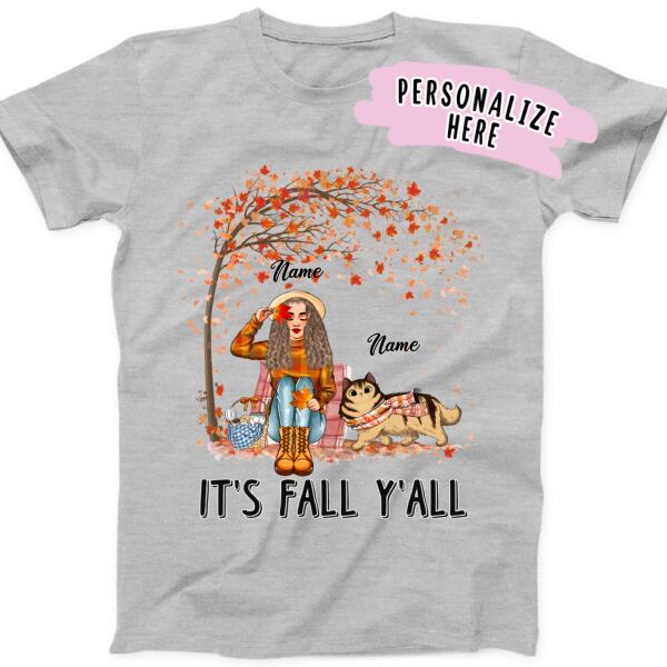 Personalized It's Fall Girl And Cat Premium Shirt, Gift For Cat Lovers