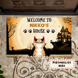 Personalized Halloween Welcome To Cat's House Doormat, Custom Up to 3 Cats