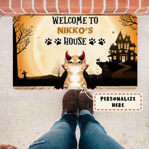 Personalized Halloween Welcome To Cat's House Doormat, Custom Up to 3 Cats
