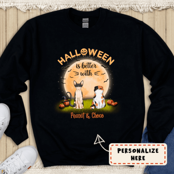 Personalized Halloween is Better With Cats Sweatshirt, Custom Up To 3 Cats