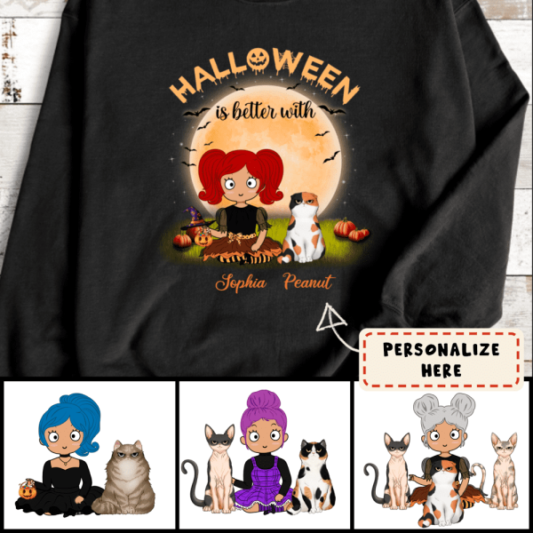 Personalized Halloween Is Better With Cats Sweatshirt, Custom Up To 3 Cats