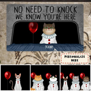 Personalized Halloween Gift Horror Cat No Need To Knock We Know You're Here Doormat, Custom Up To 3 Cats