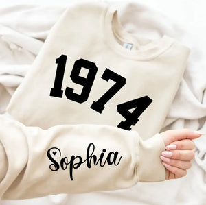 Custom Year 1974 - 50th Birthday Women Sweatshirt with Name on Sleeve