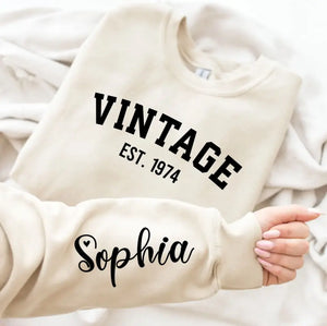 Custom Year Vintage 1974 - 50th Birthday Women Sweatshirt with Name on Sleeve