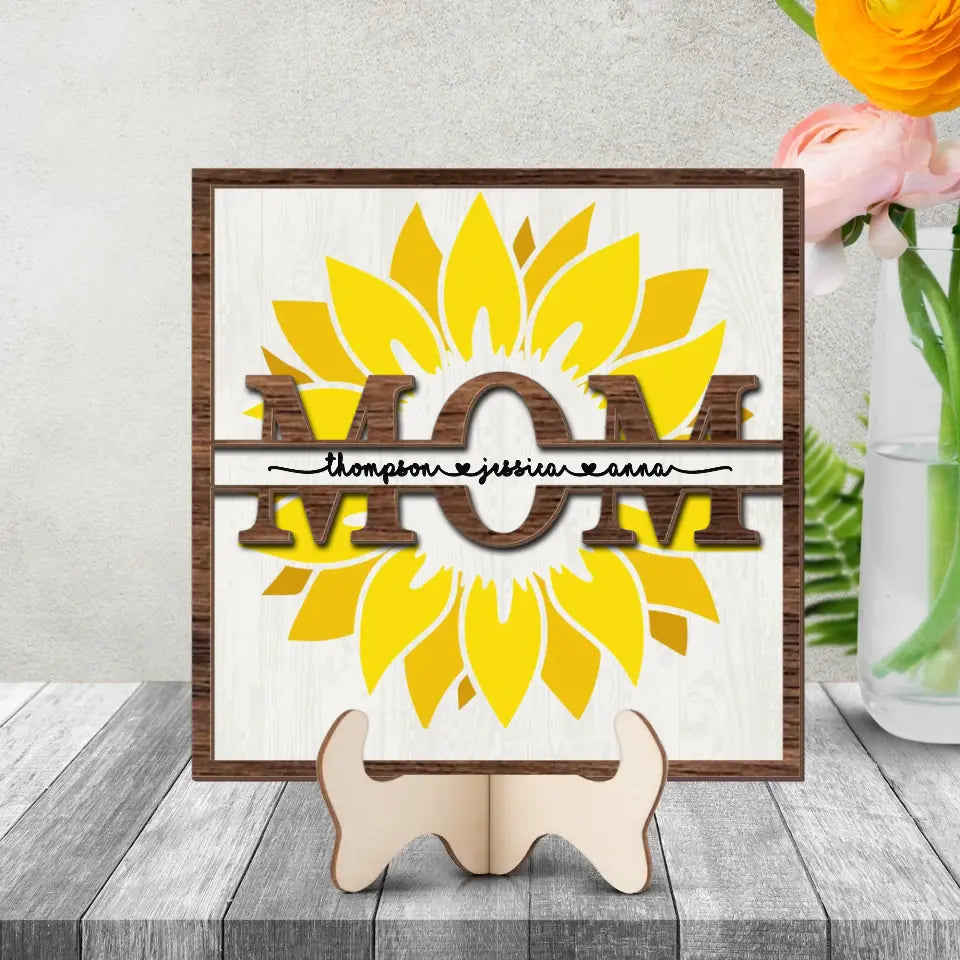 Gift for Mom Sunflowers Custom 2-layer Wooden Sign with Kids Names