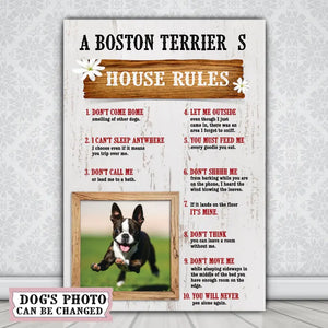 A Boston Terrier’s House Rules Canvas with Your Dog Photo, Dog Mom Gift, Dog Lovers Gift