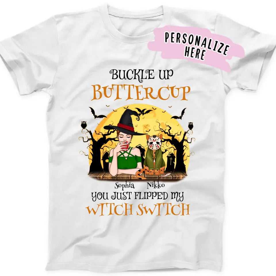 Personalized Halloween Buckle Up Witch and Cat Premium Shirt