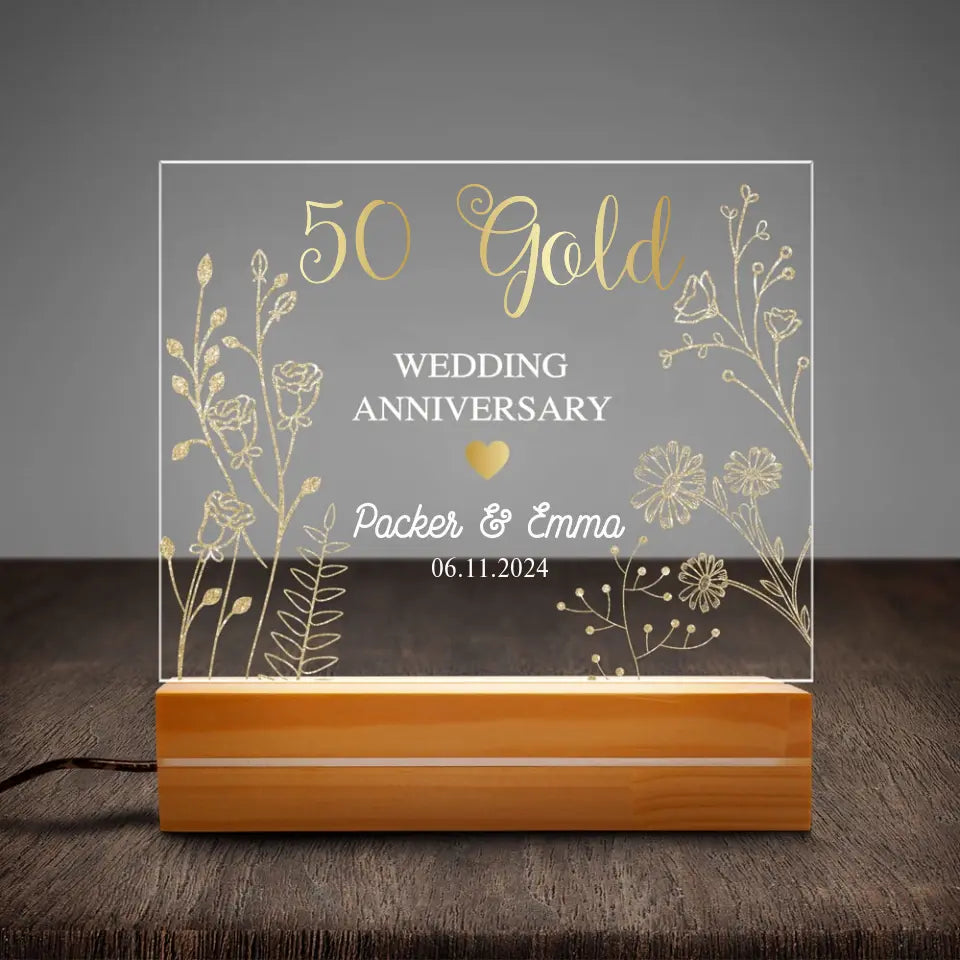 Personalized Golden 50th Anniversary Gift Plaque Anniversary Keepsake Gift LED Lamp Night Light