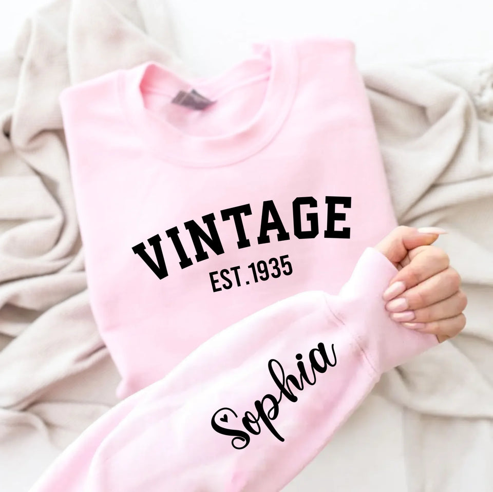 Custom Year Vintage 1935 - 90th Birthday Women Sweatshirt with Name on Sleeve