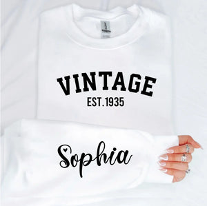 Custom Year Vintage 1935 - 90th Birthday Women Sweatshirt with Name on Sleeve