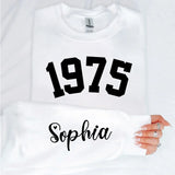Custom Year 1975 - 50th Birthday Women Sweatshirt with Name on Sleeve