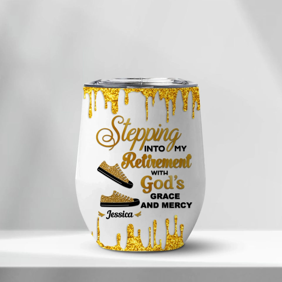 Retirement Wine Tumbler – 'Stepping Into Retirement with God’s Grace and Mercy' – Christian Gift for Boss, Coworker