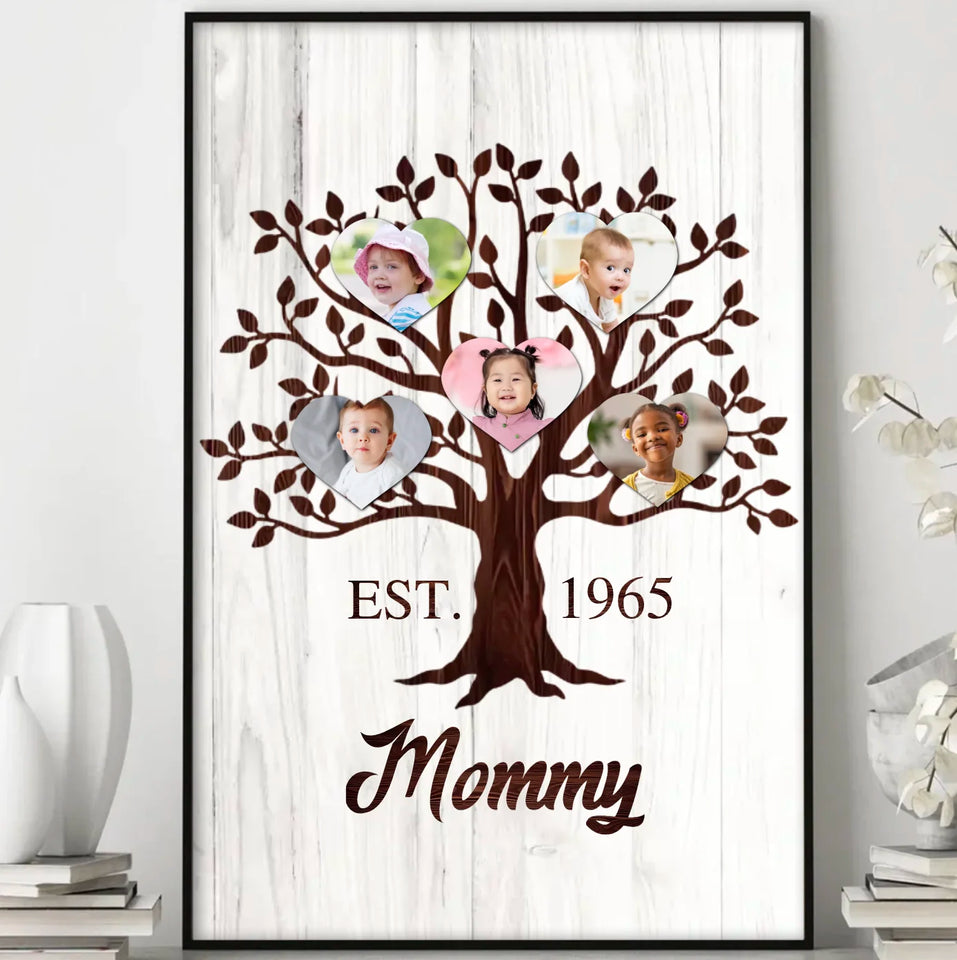 Personalized Heart Family Tree Poster with Child Photos, Custom Gift for Mom or Grandma