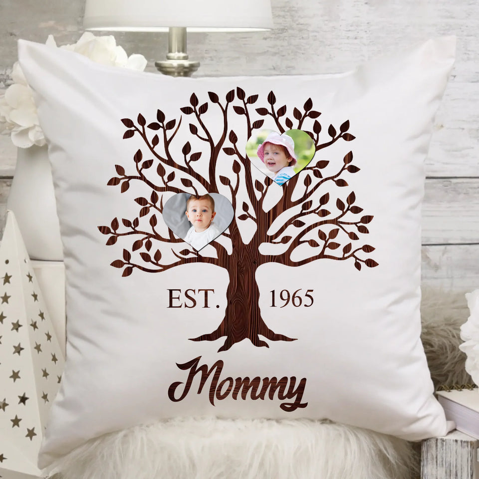 Personalized Heart Family Tree Pillow with Child Photos, Custom Gift for Mom or Grandma