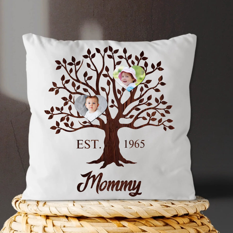 Personalized Heart Family Tree Pillow with Child Photos, Custom Gift for Mom or Grandma