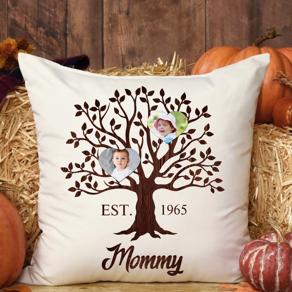 Personalized Heart Family Tree Pillow with Child Photos, Custom Gift for Mom or Grandma