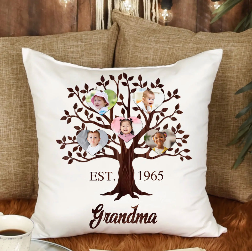 Personalized Heart Family Tree Pillow with Child Photos, Custom Gift for Mom or Grandma