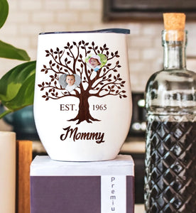 Custom Heart Family Tree Wine Tumbler with Child Photos, Thoughtful Gift for Mother’s Day, Birthday, or Grandma
