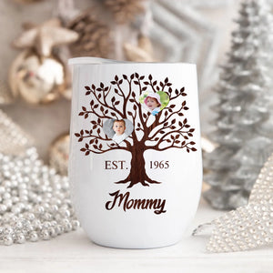 Custom Heart Family Tree Wine Tumbler with Child Photos, Thoughtful Gift for Mother’s Day, Birthday, or Grandma