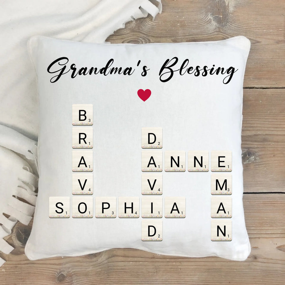 Personalized Grandma's Blessings Crossword Art Pillow, Gift for Grandmother or Mother