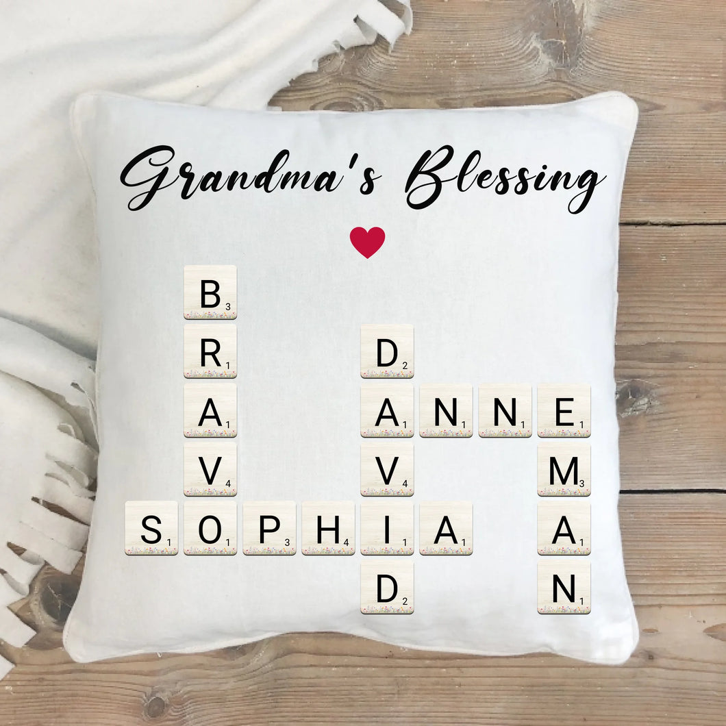 Personalized Grandma's Blessings Crossword Art Pillow, Gift for Grandmother or Mother