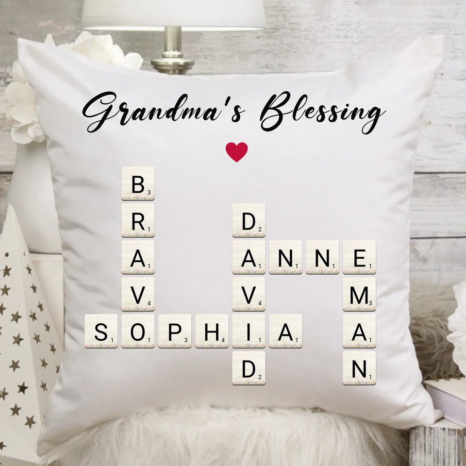 Personalized Grandma's Blessings Crossword Art Pillow, Gift for Grandmother or Mother