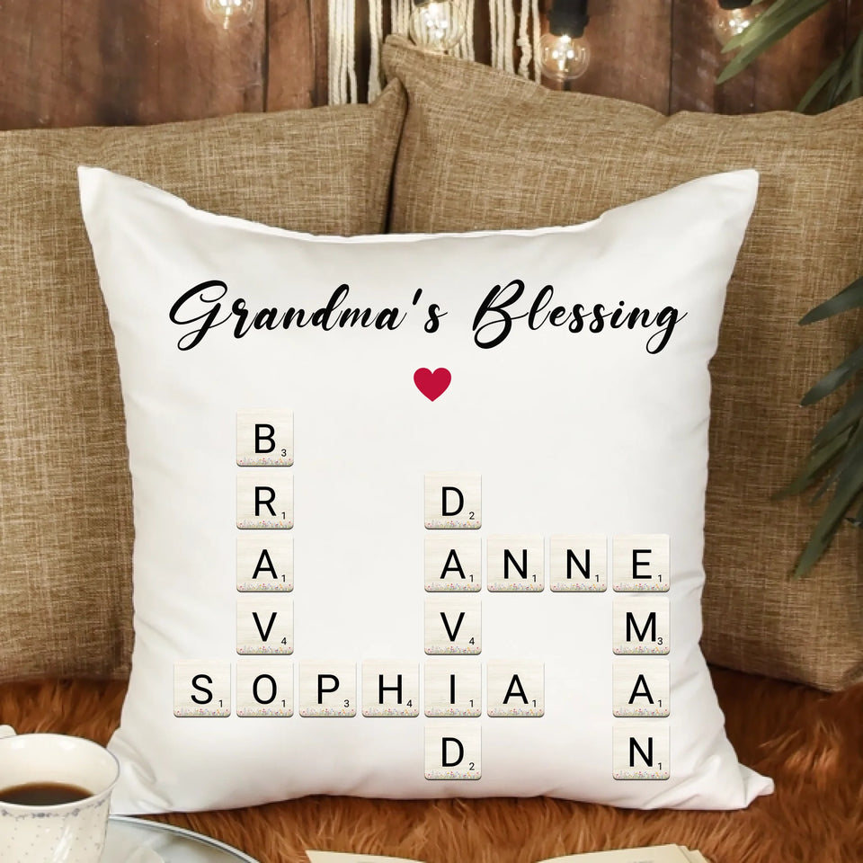 Personalized Grandma's Blessings Crossword Art Pillow, Gift for Grandmother or Mother