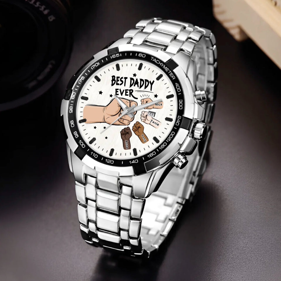 Custom Dad & Child Hands Best Daddy Ever Personalized Alloy Men Quartz Watch, Father's Day Gift for Dad, Grandpa
