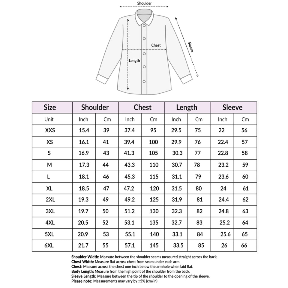 Long Sleeve Long Shirt Size Chart