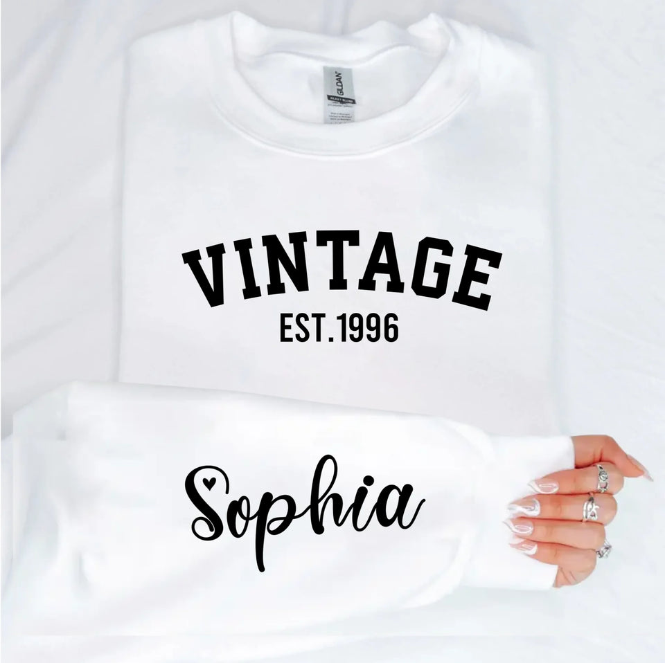 Custom Year Vintage 1996 - 30th Birthday Women Sweatshirt with Name on Sleeve