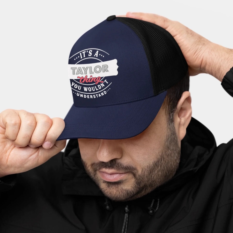 Personalized Name Mesh Trucker Cap - It's A Name Thing - Vintage Badge Typography