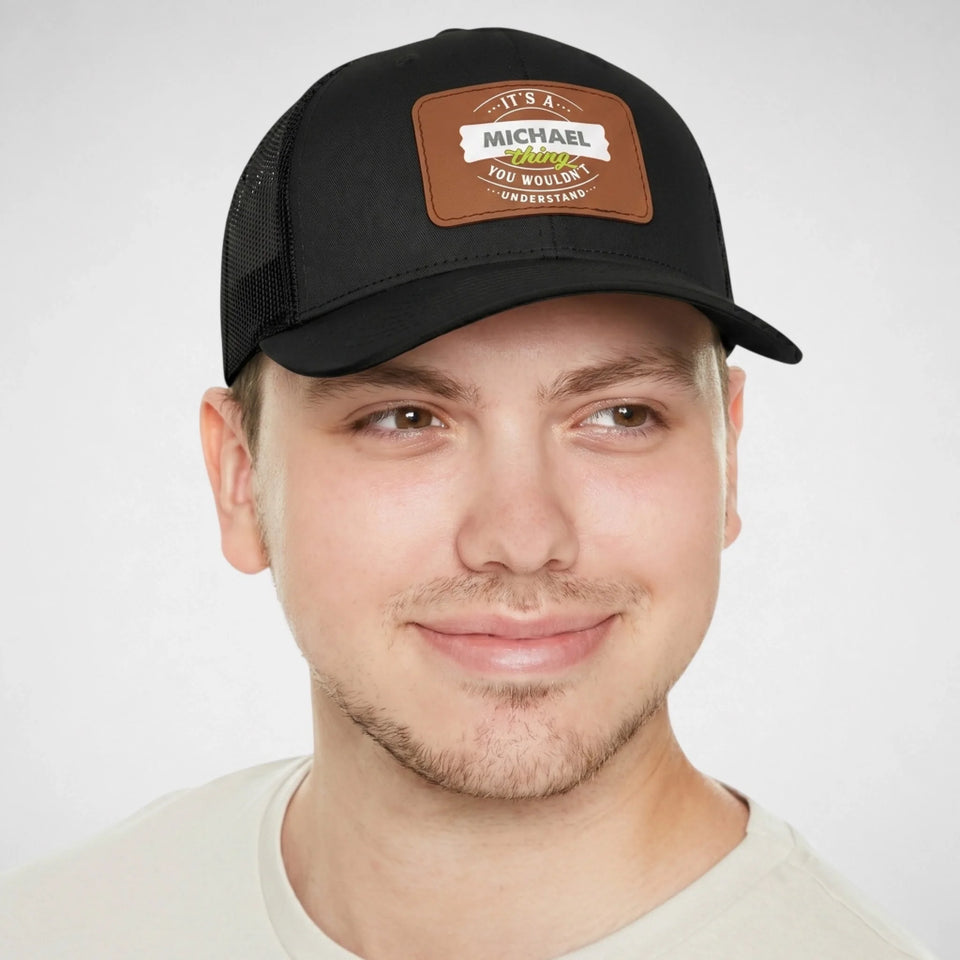 Custom Name Leather Patch Trucker Cap - It's A Name Thing - Vintage Badge Typography11