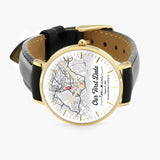 Anniversary Gift for Her or Him Our First Date with Maps by Date & Location on Black Stitched Leather Watch with Box