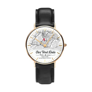 Anniversary Gift for Her or Him Our First Date with Maps by Date & Location on Black Stitched Leather Watch with Box