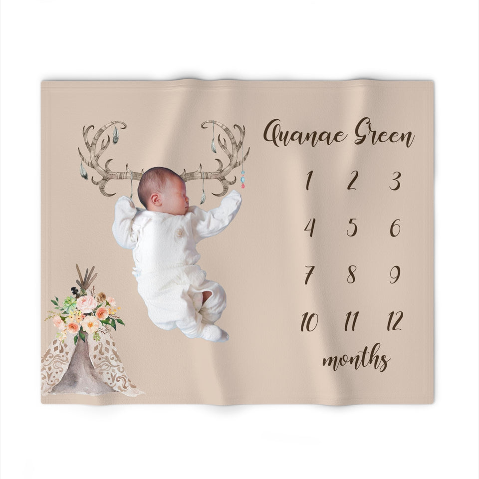 Boho Deer Milestone Baby Blanket, Growth Chart Baby Name Blanket, Baby Shower Gift Blanket