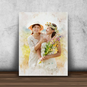 Create Watercolor Any Photo on Portrait Mother's Day Birthday Gift for Mom & Daughter Canvas