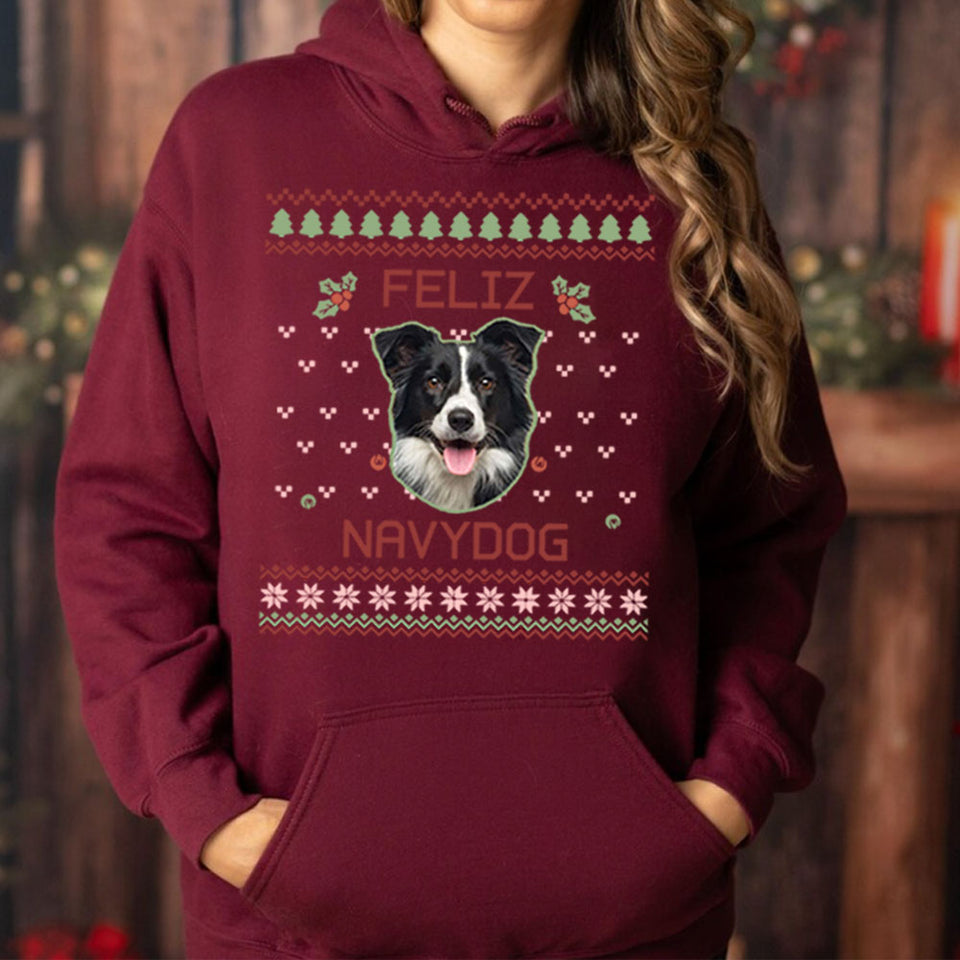 Custom Pet Photo Christmas Sweatshirt, Dog Lover Sweater Christmas, Feliz NavyDog Sweatshirt