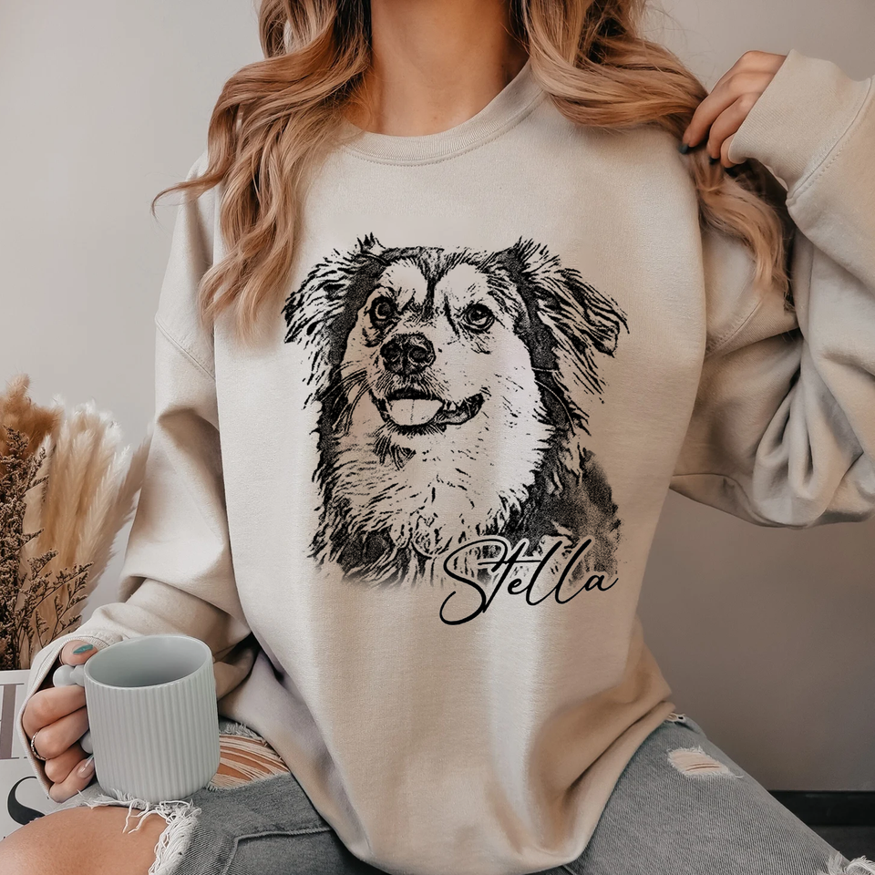 Custom Pet Photo Sweatshirt, Personalized Dog & Cat Portrait Sweatshirt, Dog Mom Gift, Pet Memorial Gift