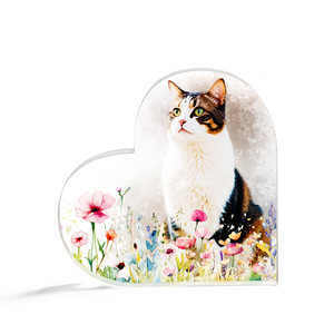 Custom Pet Portrait with Wildflowers – Personalized Watercolor Dog or Cat Memorial on Heart-Shaped Acrylic Plaque from Photo
