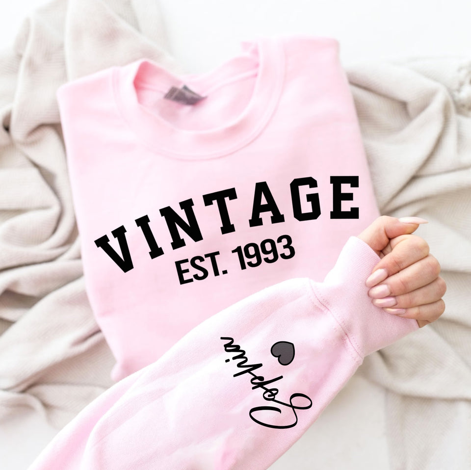 Custom Year 30th Birthday Gifts Sweatshirt with Name on Sleeve, Vintage 1993 Birthday Sweatshirt for Women