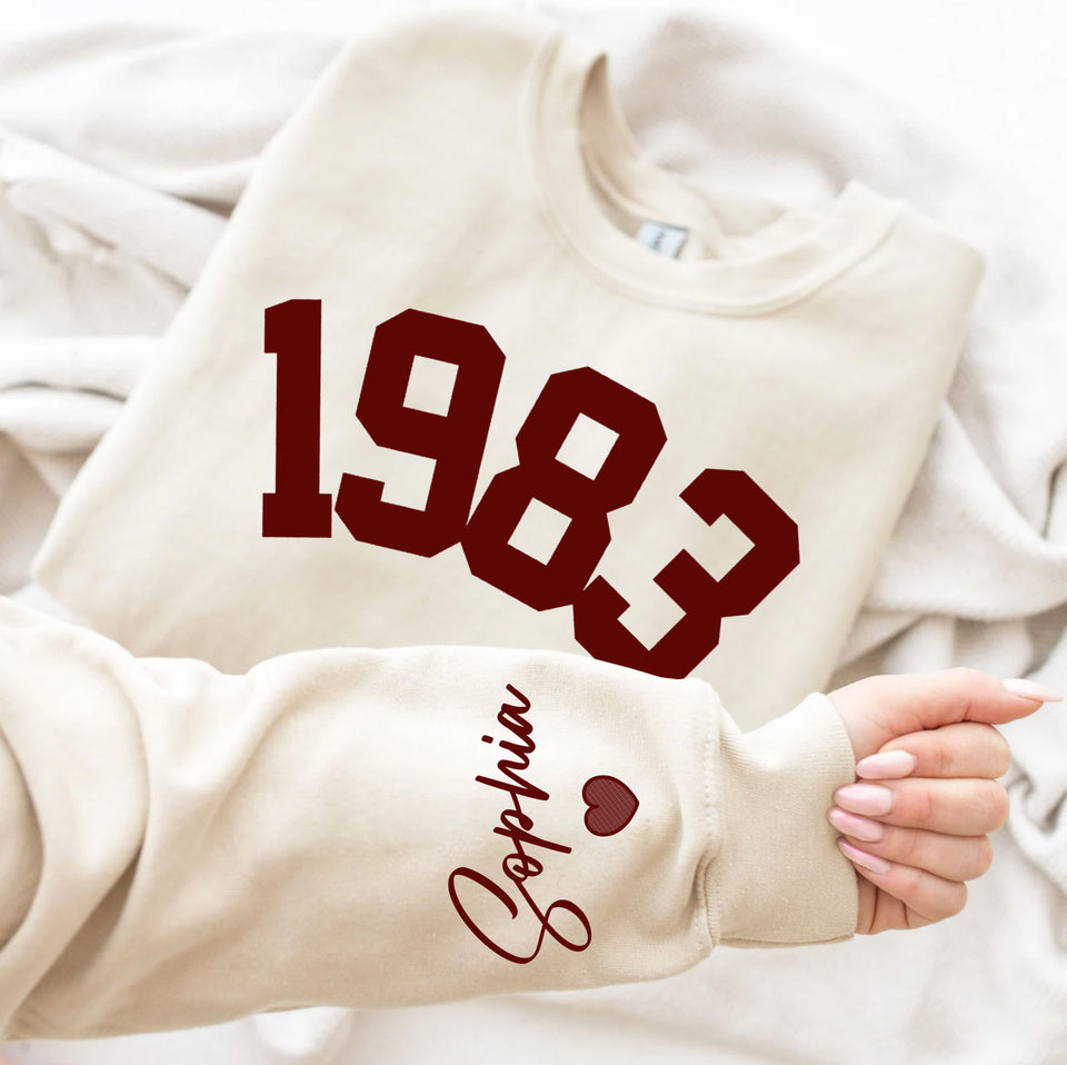 Custom Year 40th Birthday Gifts Sweatshirt with Name on Sleeve, 1983 Birthday Year Number Sweatshirt for Women
