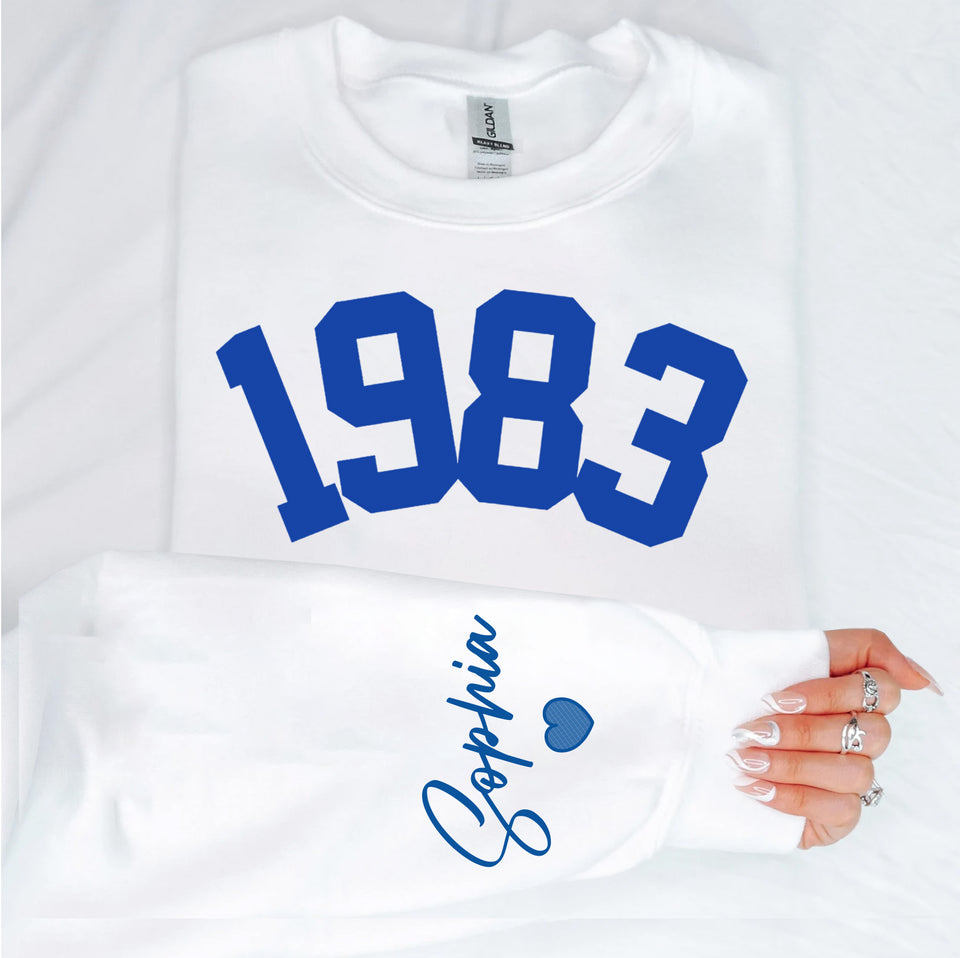 Custom Year 40th Birthday Gifts Sweatshirt with Name on Sleeve, 1983 Birthday Year Number Sweatshirt for Women