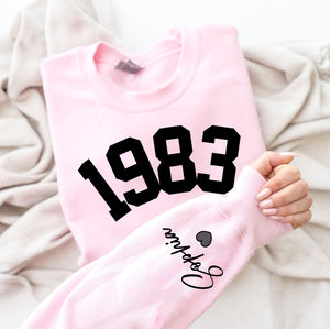 Custom Year 40th Birthday Gifts Sweatshirt with Name on Sleeve, 1983 Birthday Year Number Sweatshirt for Women