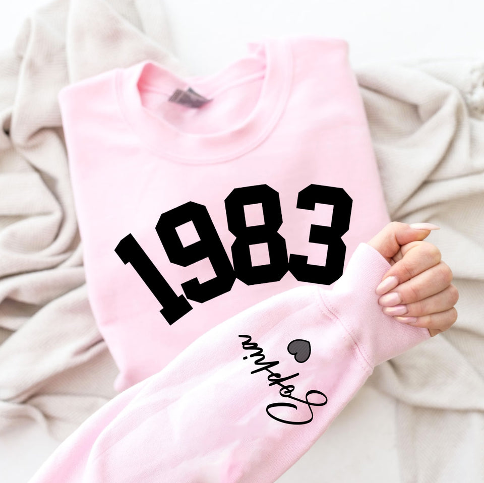 Custom Year 40th Birthday Gifts Sweatshirt with Name on Sleeve, 1983 Birthday Year Number Sweatshirt for Women