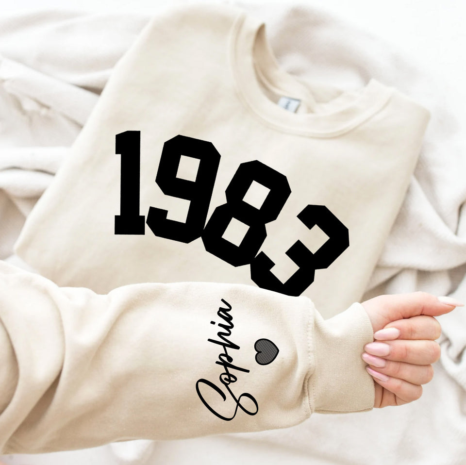 Custom Year 40th Birthday Gifts Sweatshirt with Name on Sleeve, 1983 Birthday Year Number Sweatshirt for Women